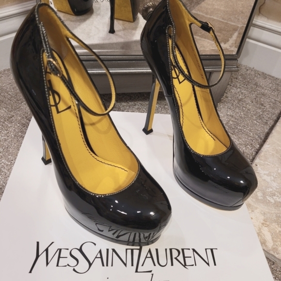 YVES SAINT LAUTENT (YSL) Ankle Strap Pump, Black & Yellow Patent shoe, size 37 - Picture 7 of 17
